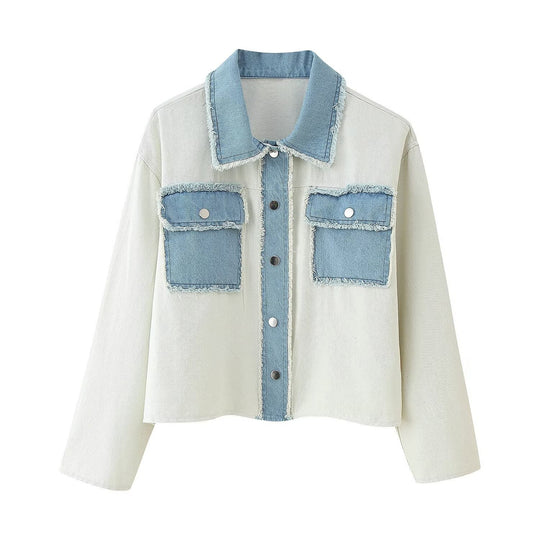 Damen cropped Denimjacke mit kontrastierenden Taschen und fransigem Saum R&B