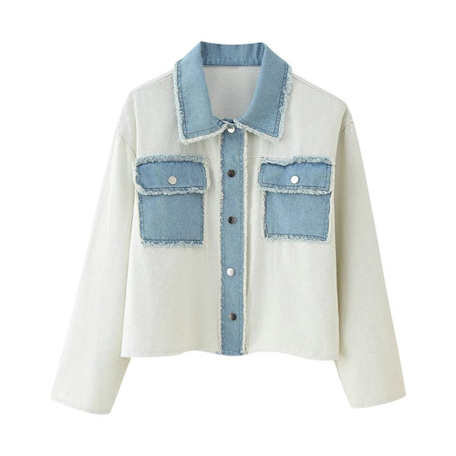 Damen cropped Denimjacke mit kontrastierenden Taschen und fransigem Saum R&B