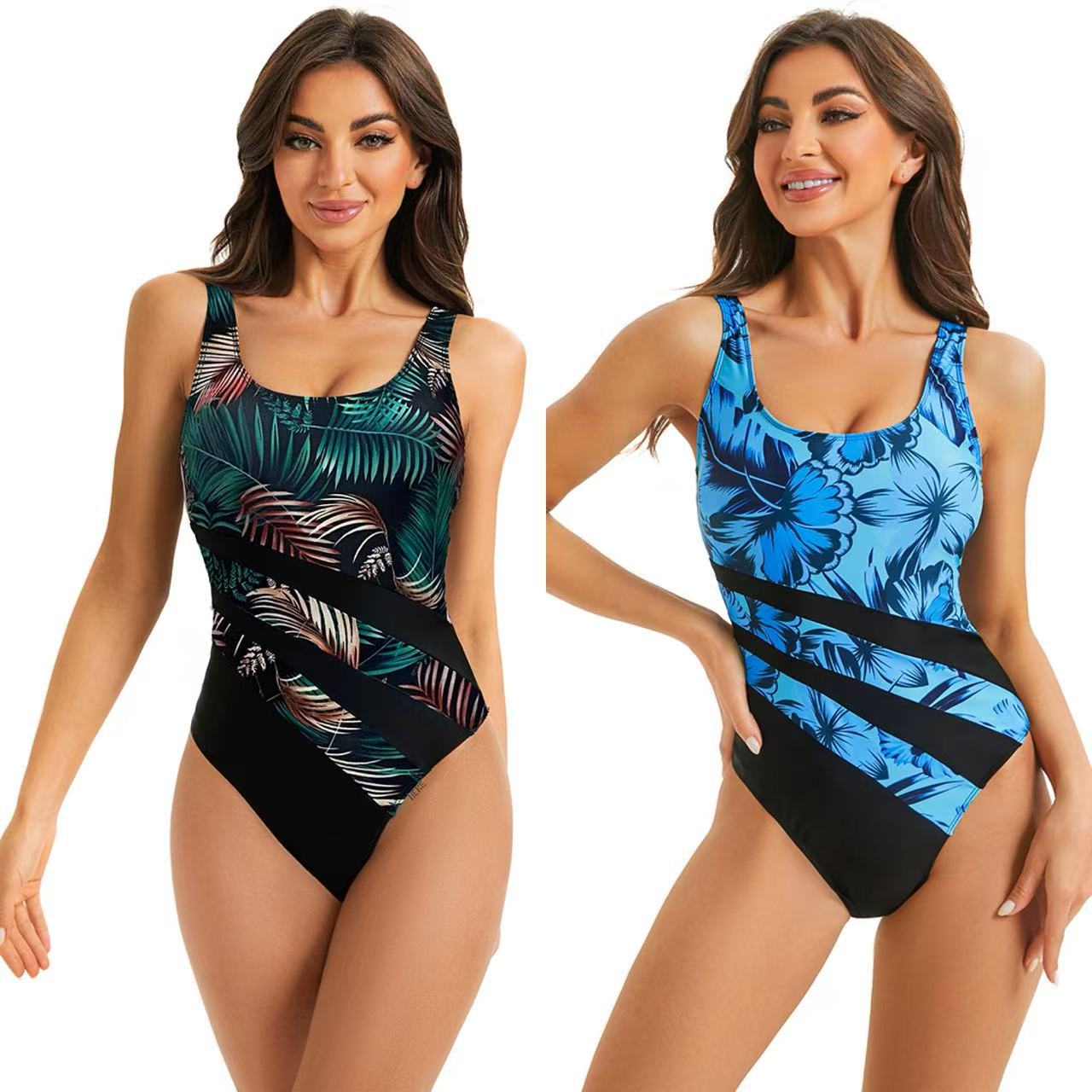 Damen Einteiler Badeanzug mit farbenfrohem Blattdesign R&B