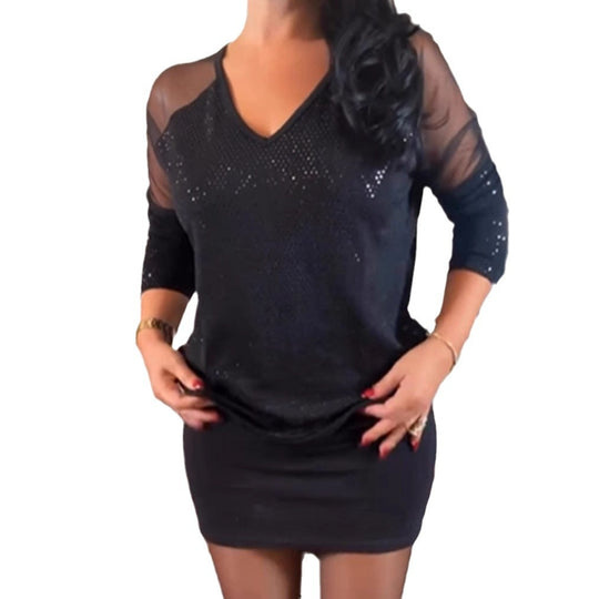 Damen Viskose-Bluse mit transparenten Ärmeln und funkelnden Akzenten Heidi-Mode
