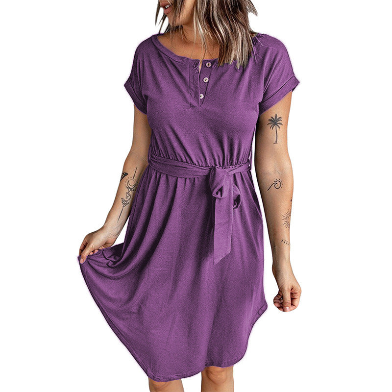 Damen lässiges Knopfkleid mit Taillengürtel und kurzem Ärmel R&B