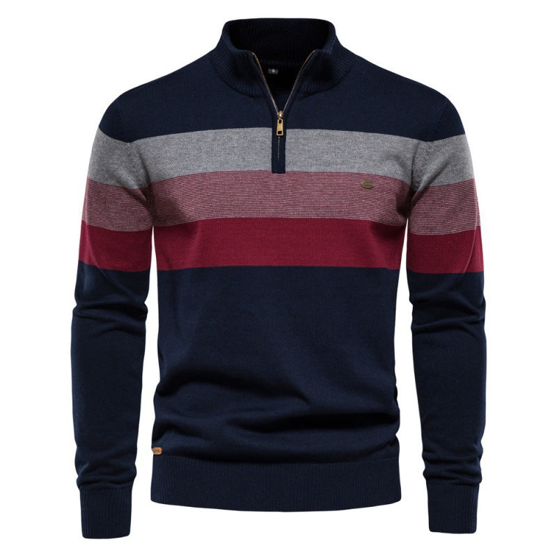 Herren Strickpullover mit modischem Stehkragen und feinen Streifen R&B
