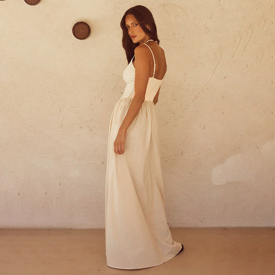 Damen Maxi-Kleid mit elegantem V-Ausschnitt und fließendem Rock R&B