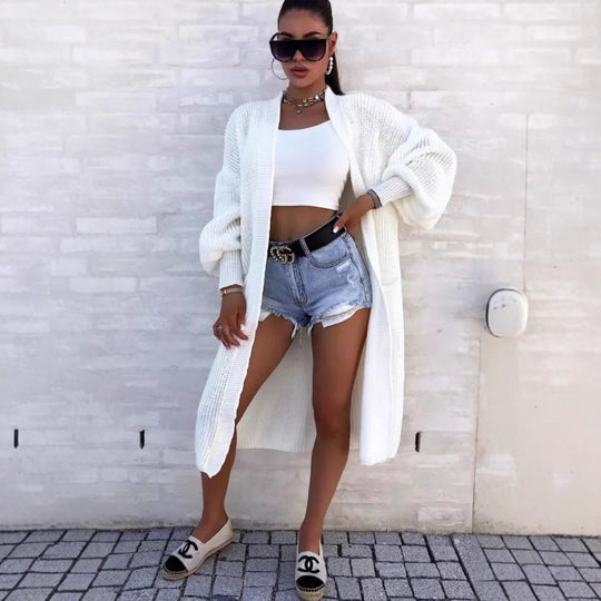 Damen Langer Strickmantel mit oversized Ärmeln und praktischen Taschen R&B
