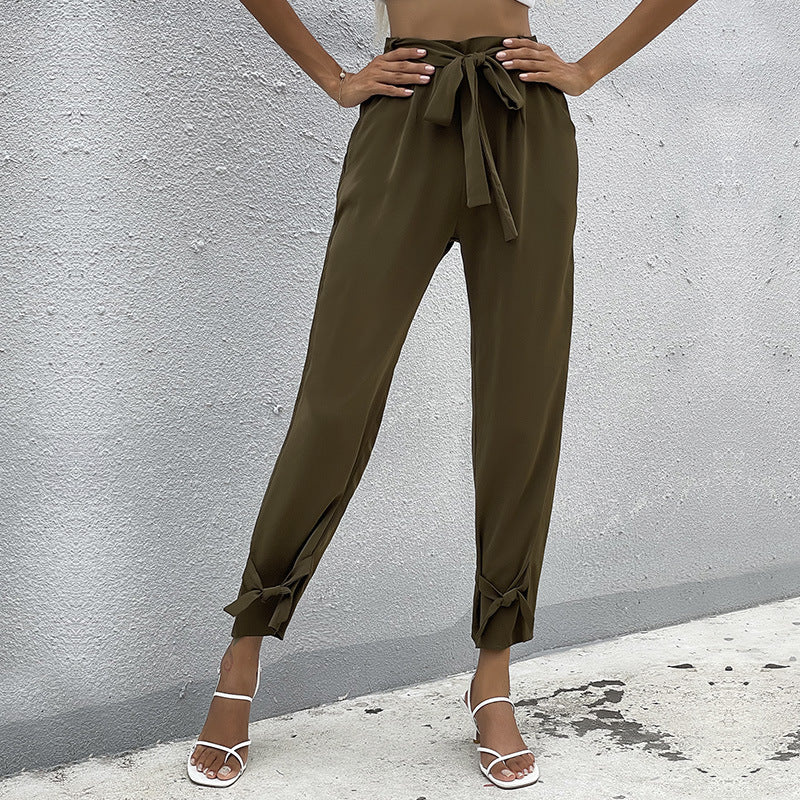 Damen lockere Culotte-Hose mit eleganten Schleifen-Details und Bindegürtel R&B