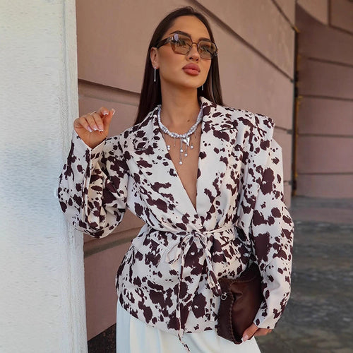 Damen elegante Blazerjacke mit Knotenverschluss und auffälligem Tiermuster R&B