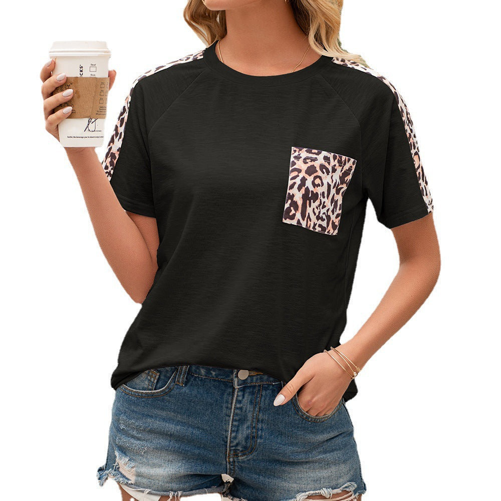 Damen lässiges T-Shirt mit modischem Tierdruck und praktischem Brusttaschen-Design R&B