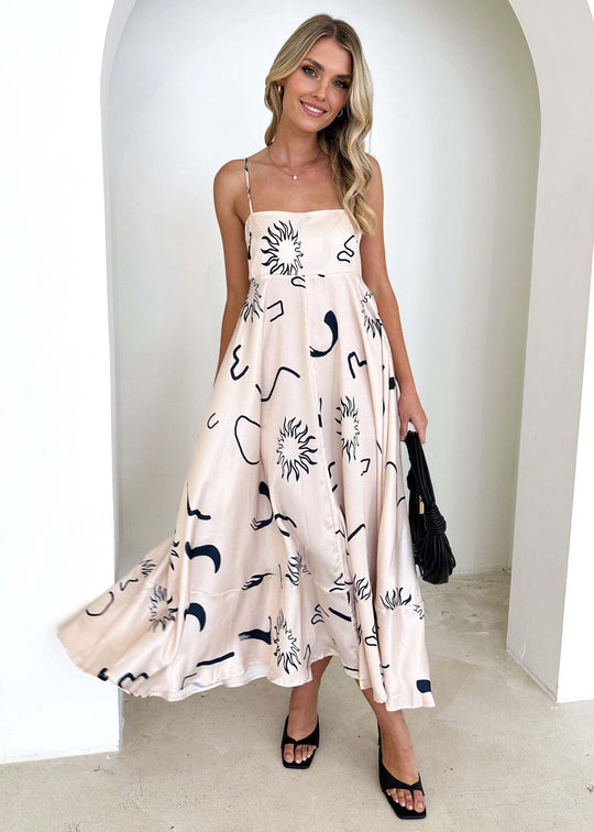 Damen Maxikleid mit modernen grafischen Mustern und dünnen Trägern R&B