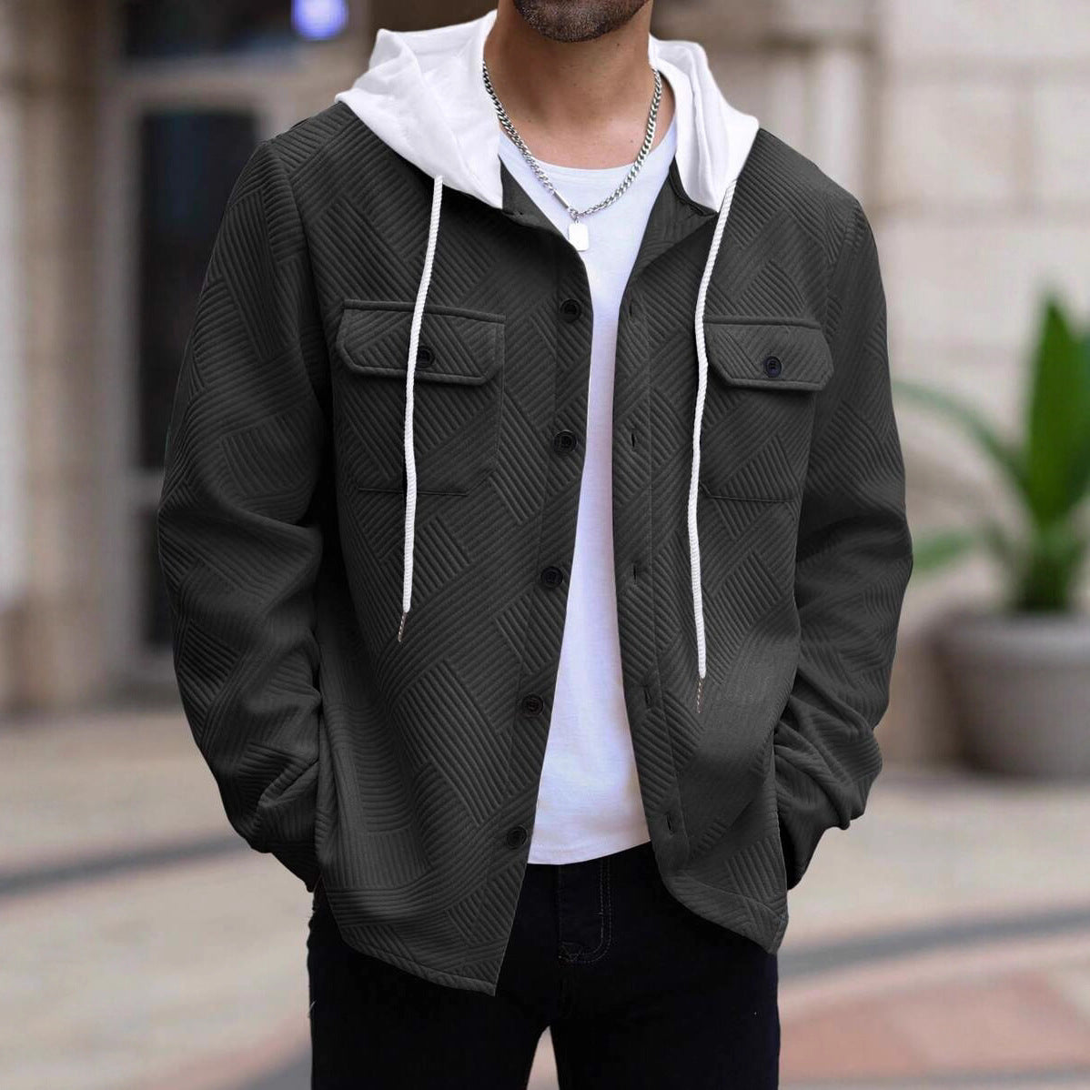 Herren lässige Utility-Jacke mit Kapuze und strukturiertem Muster