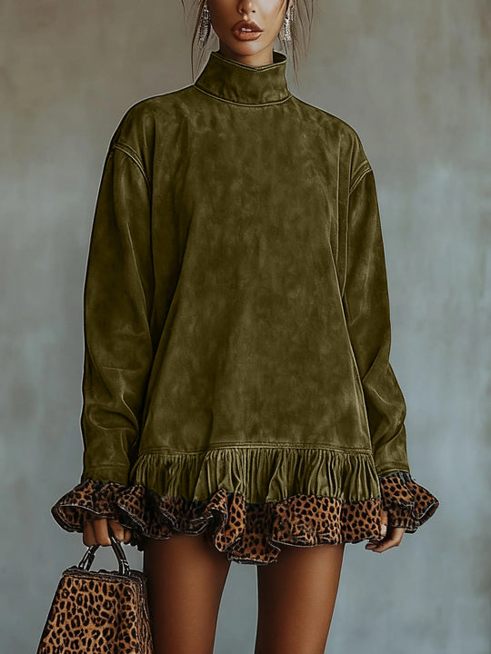Damen Oversized Sweatkleid mit Leopardenrüsche R&B