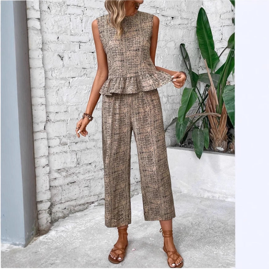 Damen zwei-teiliges Set mit peplum Oberteil und weit geschnittenen Hosen R&B
