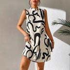 Damen A-linien Minikleid mit modernem grafischem Muster und Stehkragen R&B