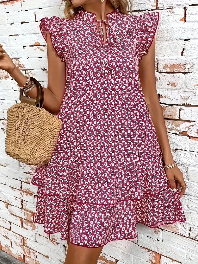 Damen Leichtes Boho-Kleid mit Rüschendetails und hochgeschlossenem Kragen R&B