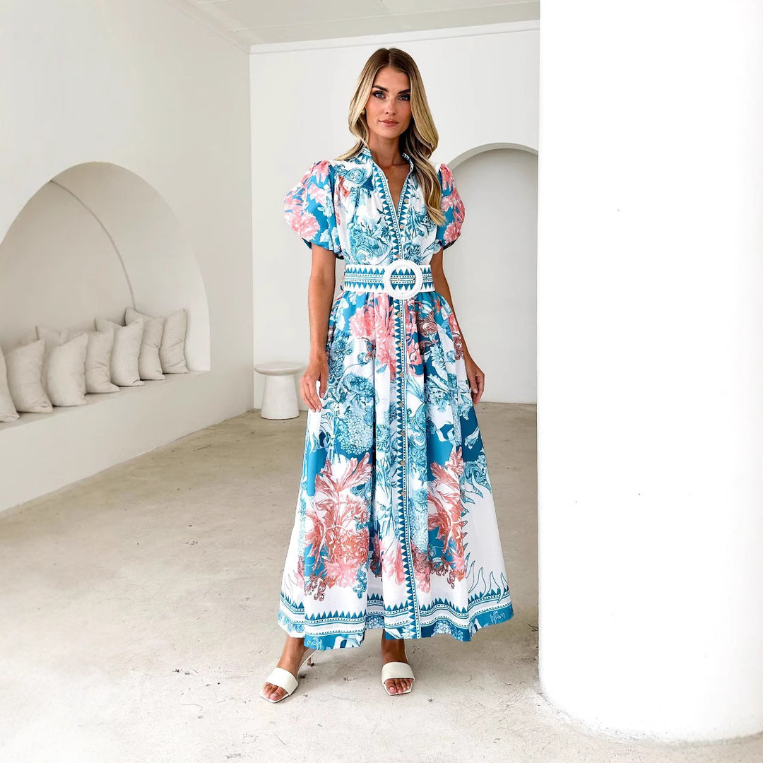 Damen Maxikleid mit hohem Kragen und eleganten Puffärmeln R&B