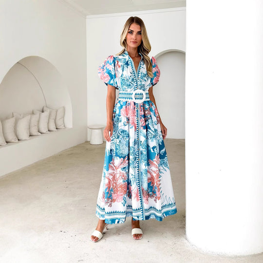 Damen Maxikleid mit hohem Kragen und eleganten Puffärmeln R&B