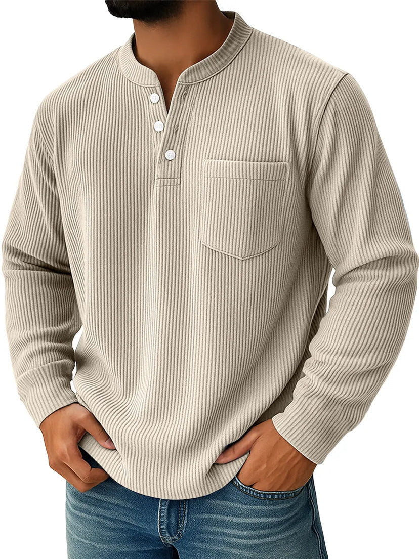 Herren nan thermisches Waffelstrick-Henleyshirt mit Stehkragen Brusttasche und geripptem Komfortschnitt R&B