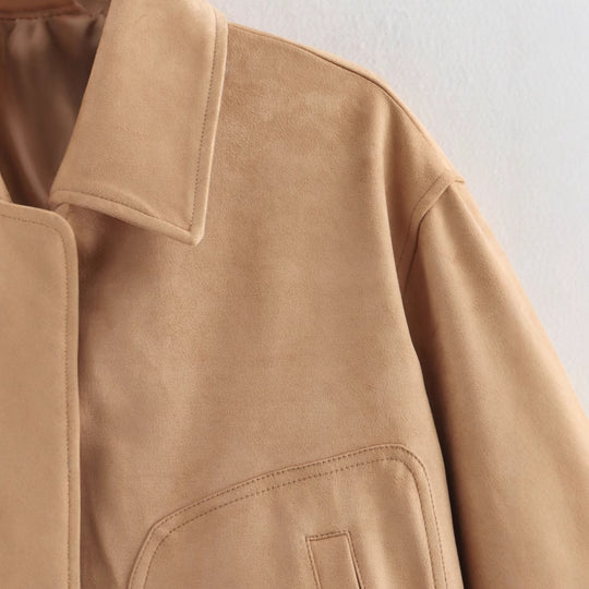 Damen cropped Wildlederjacke im lässigen Stil mit Druckknopfverschluss R&B