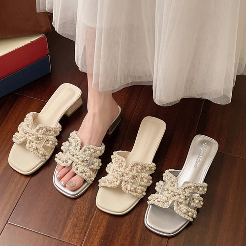 Damen Glamouröse Sandalen mit Perlenapplikationen und elegantem Blockabsatz R&B