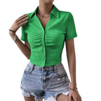 Damen Kurzarm Bluse mit strukturiertem Material und V-Ausschnitt R&B