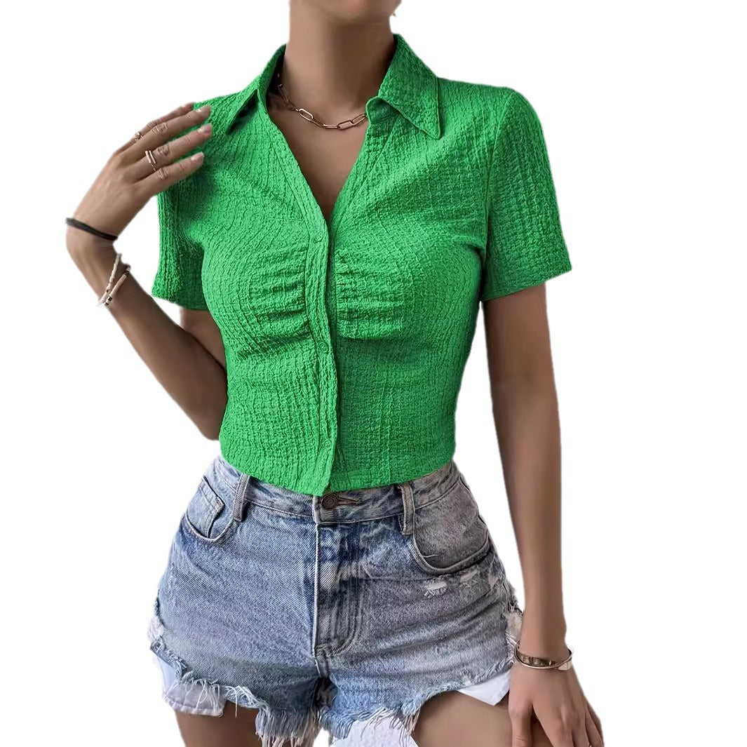 Damen Kurzarm Bluse mit strukturiertem Material und V-Ausschnitt R&B