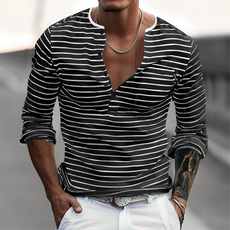 Herren Langarm-Henley-Shirt mit modischen Streifen und praktischen Knöpfen R&B