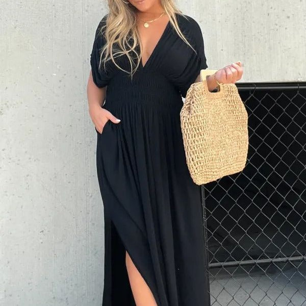Damen Maxikleid mit tiefem V-Ausschnitt und praktischen Seitentaschen R&B