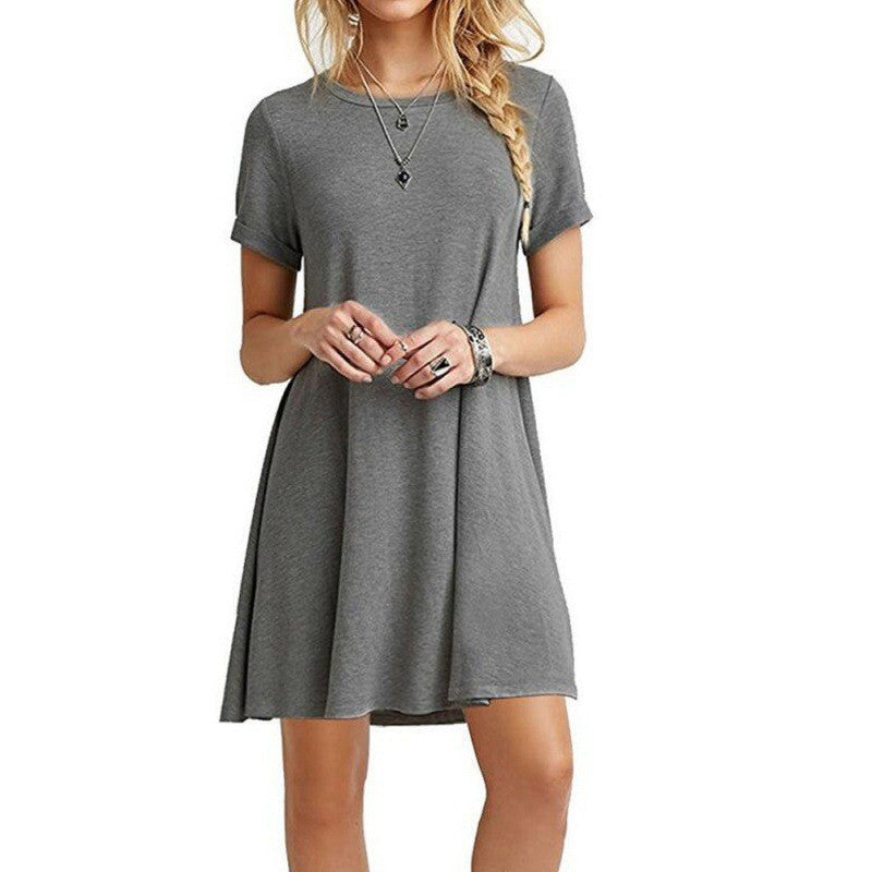 Damen locker fallendes Freizeitkleid mit Rundhalsausschnitt und kurzen Ärmeln R&B
