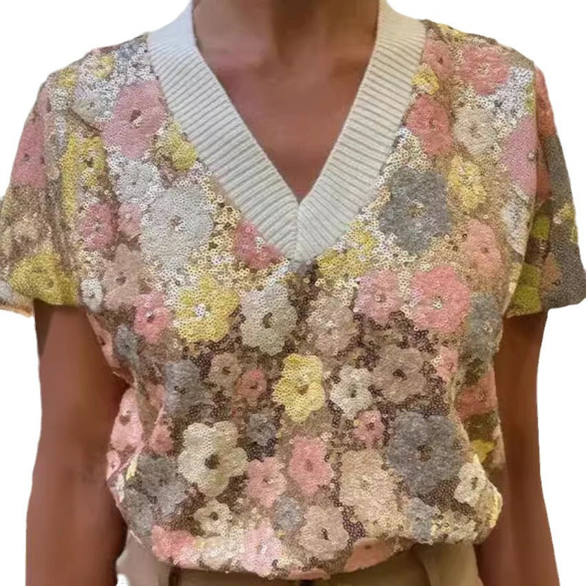 Damen Glamouröses Strickoberteil mit Blumenapplikationen und funkelnden Pailletten R&B