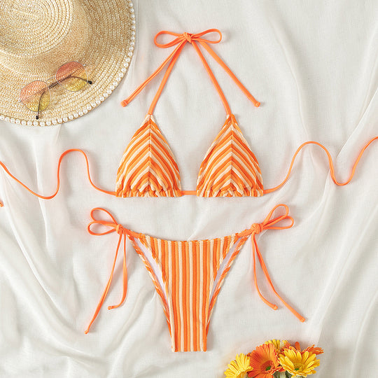Damen Triangel-Bikini mit raffinierten Streifen und verspielten Schleifen R&B
