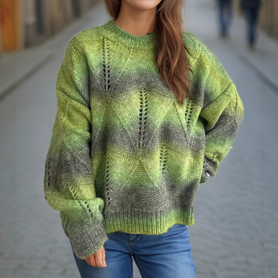 Damen lässiger Strickpullover mit modernem Lochmuster und voluminösen Ärmeln R&B