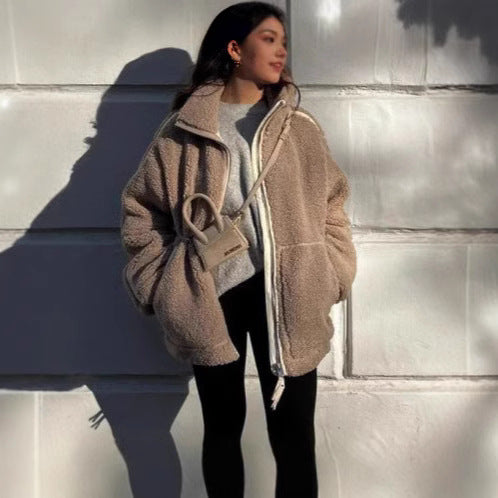 Damen Teddy-Fleecejacke mit hohem Kragen und seitlichen Reißverschlusstaschen R&B