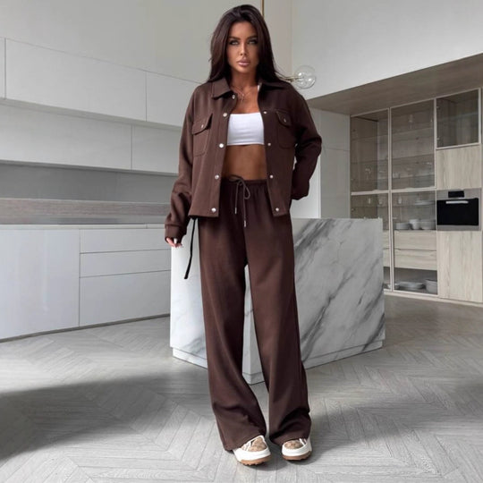 Damen elegantes Loungewear-Set mit Taillengürtel und praktischen Taschen R&B