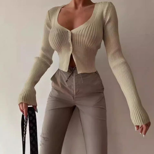 Damen Strick-Cardigan mit tiefem V-Ausschnitt und Knopfverschluss R&B