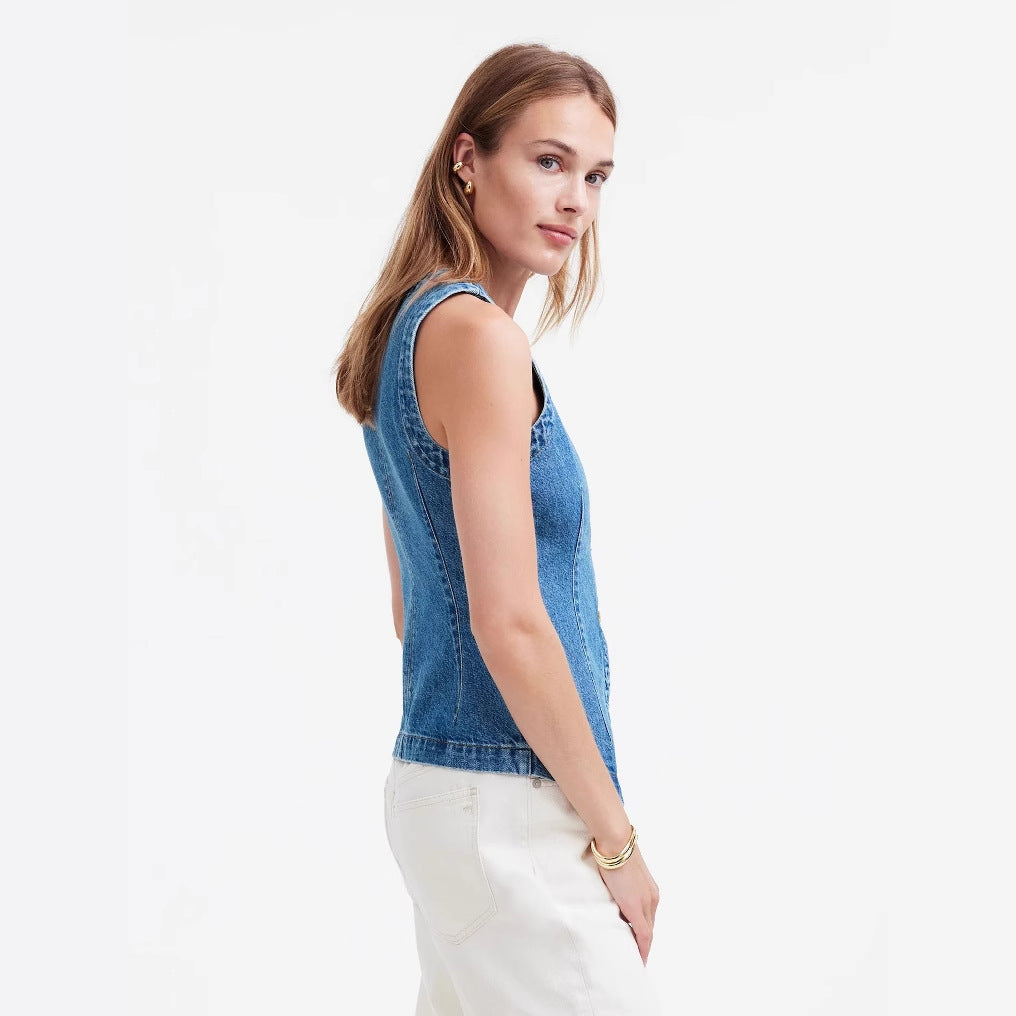 Damen Jeansweste mit Knopfleiste und seitlichen Eingrifftaschen R&B