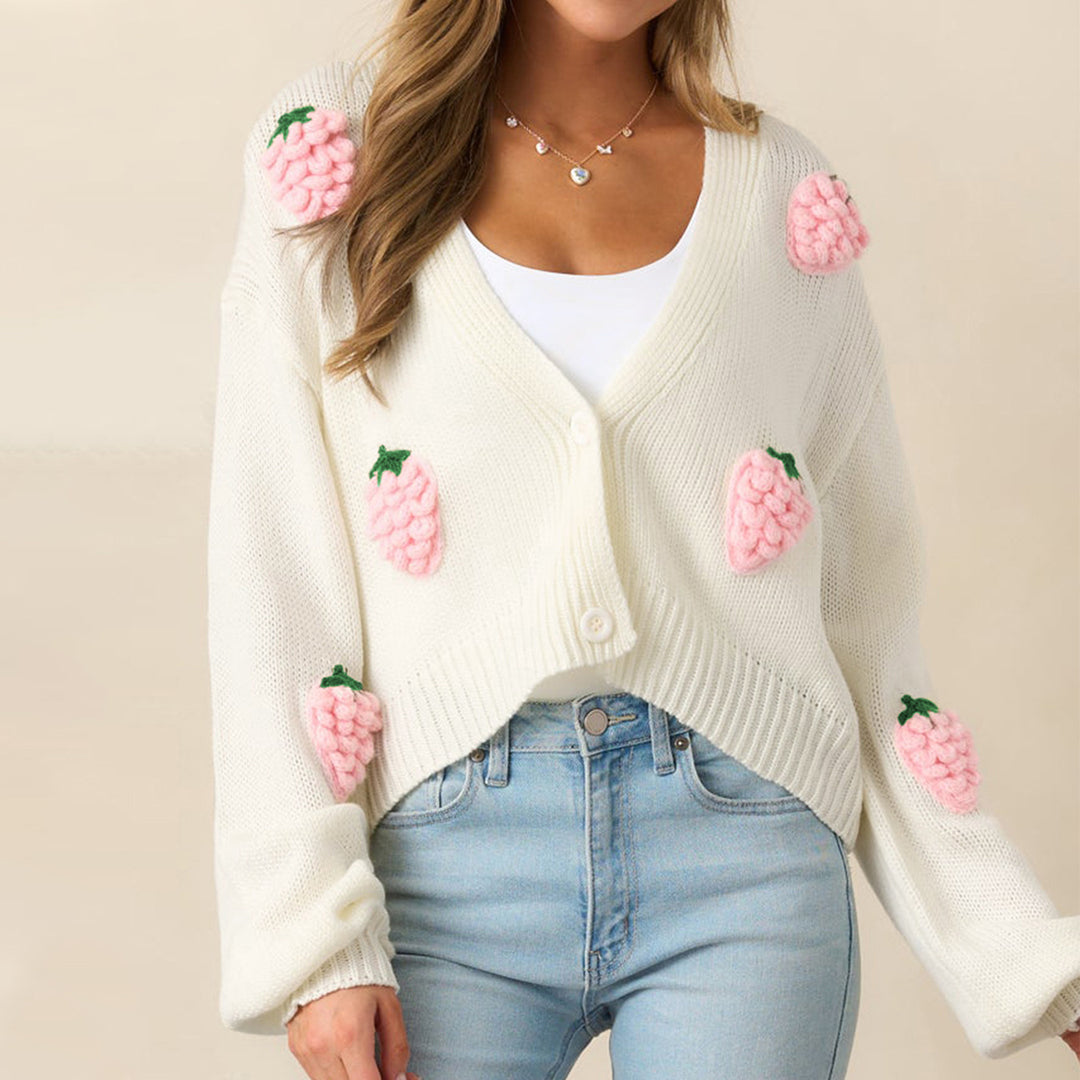 Damen lässige Strickjacke mit fruchtigen Applikationen und offenen Ärmeln R&B