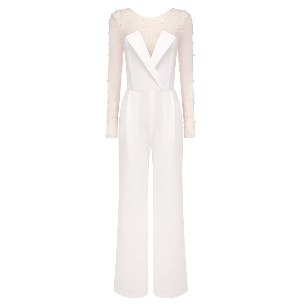 Damen eleganter Jumpsuit mit transparenten Ärmeln und Perlenverzierung R&B