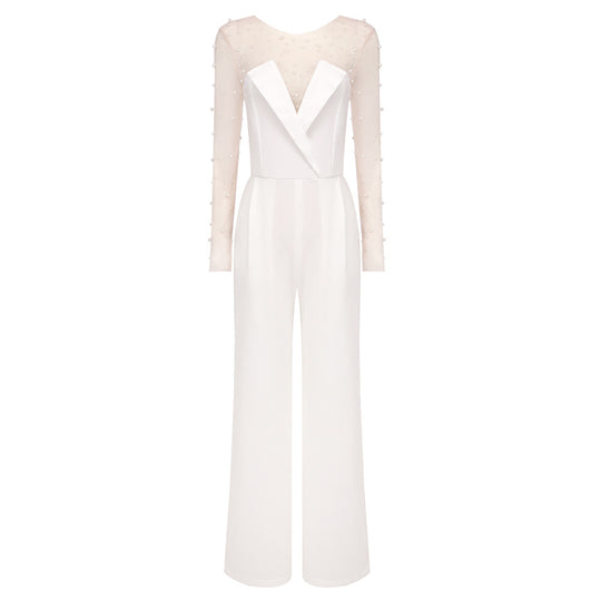 Damen eleganter Jumpsuit mit transparenten Ärmeln und Perlenverzierung R&B