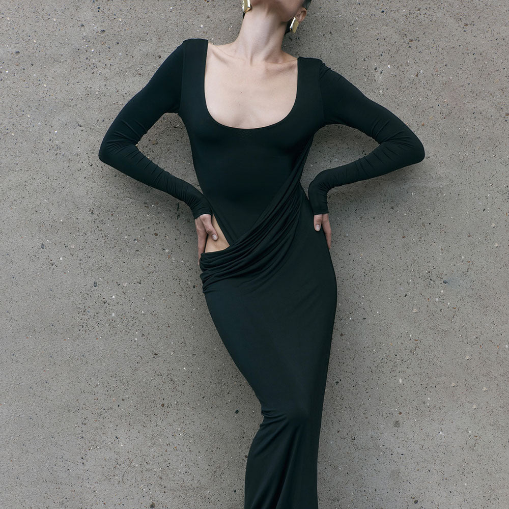 Damen figurbetontes Maxikleid mit innovativem Drapierungselement R&B