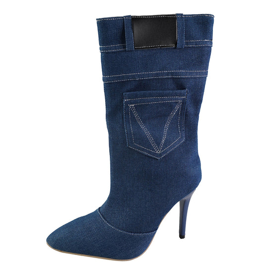 Damen Overknee-Stiefel aus hochwertigem Denim mit elegantem Absatz R&B