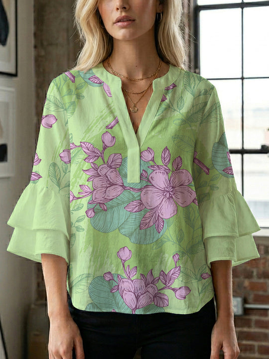 Damen Bluse mit voluminösen Ärmeln und floralem Design R&B