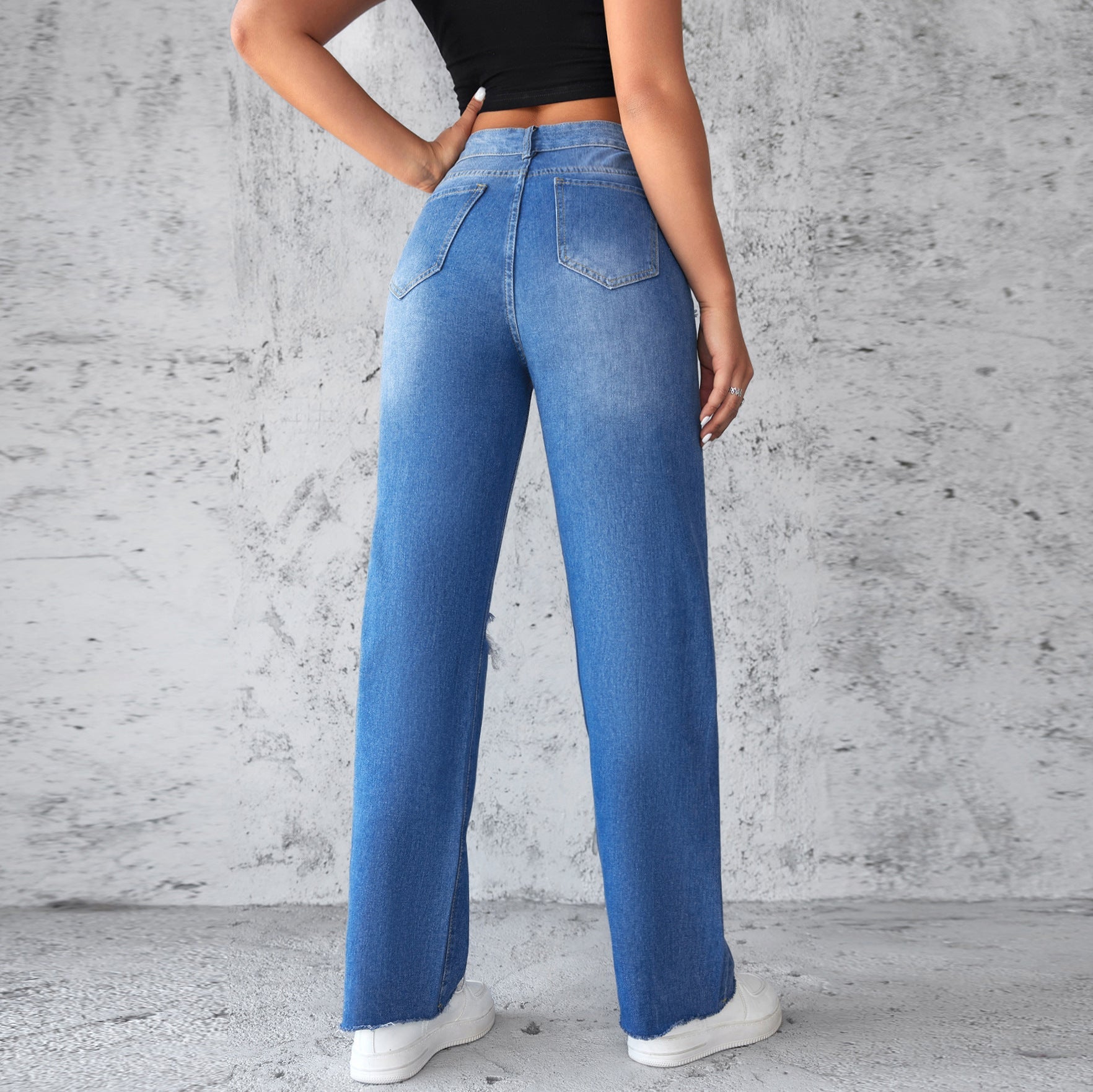 Damen Weit geschnittene Ripped Jeans mit hohem Bund R&B