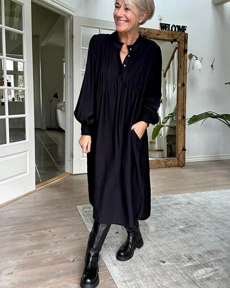 Damen Midikleid mit eleganter Faltenstruktur und praktischen Taschen Heidi-Mode