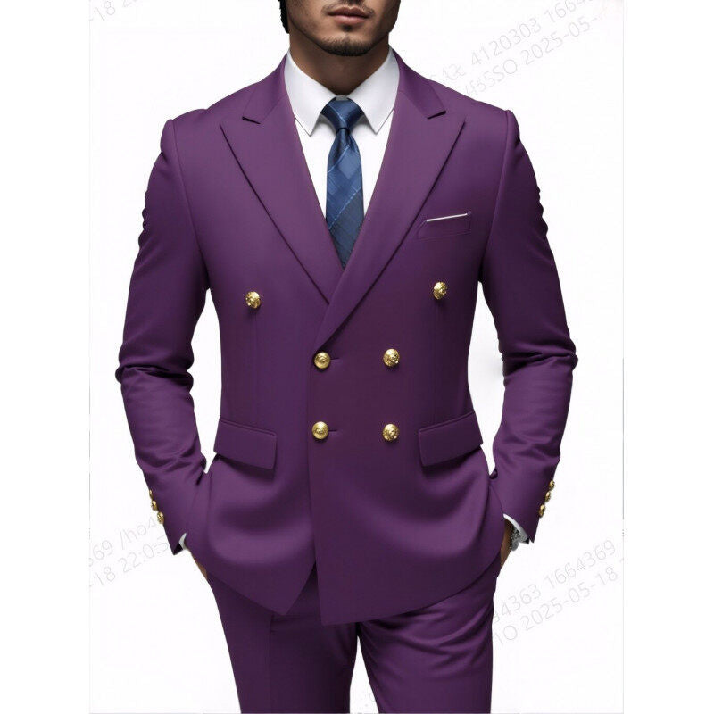 Herren nan doppelreihiger Slim-Fit Anzug mit goldenen Zierknöpfen und schmaler Businesshose R&B