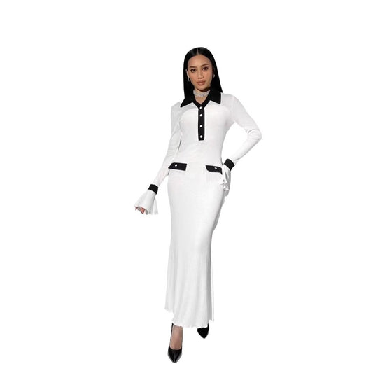 Damen elegantes Maxikleid mit Kontrastkragen und schmeichelhaften Ärmelverzierungen R&B
