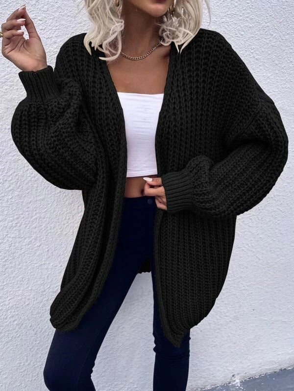 Damen lässiger Grobstrick-Cardigan mit tiefen Taschen und voluminösen Ärmeln R&B