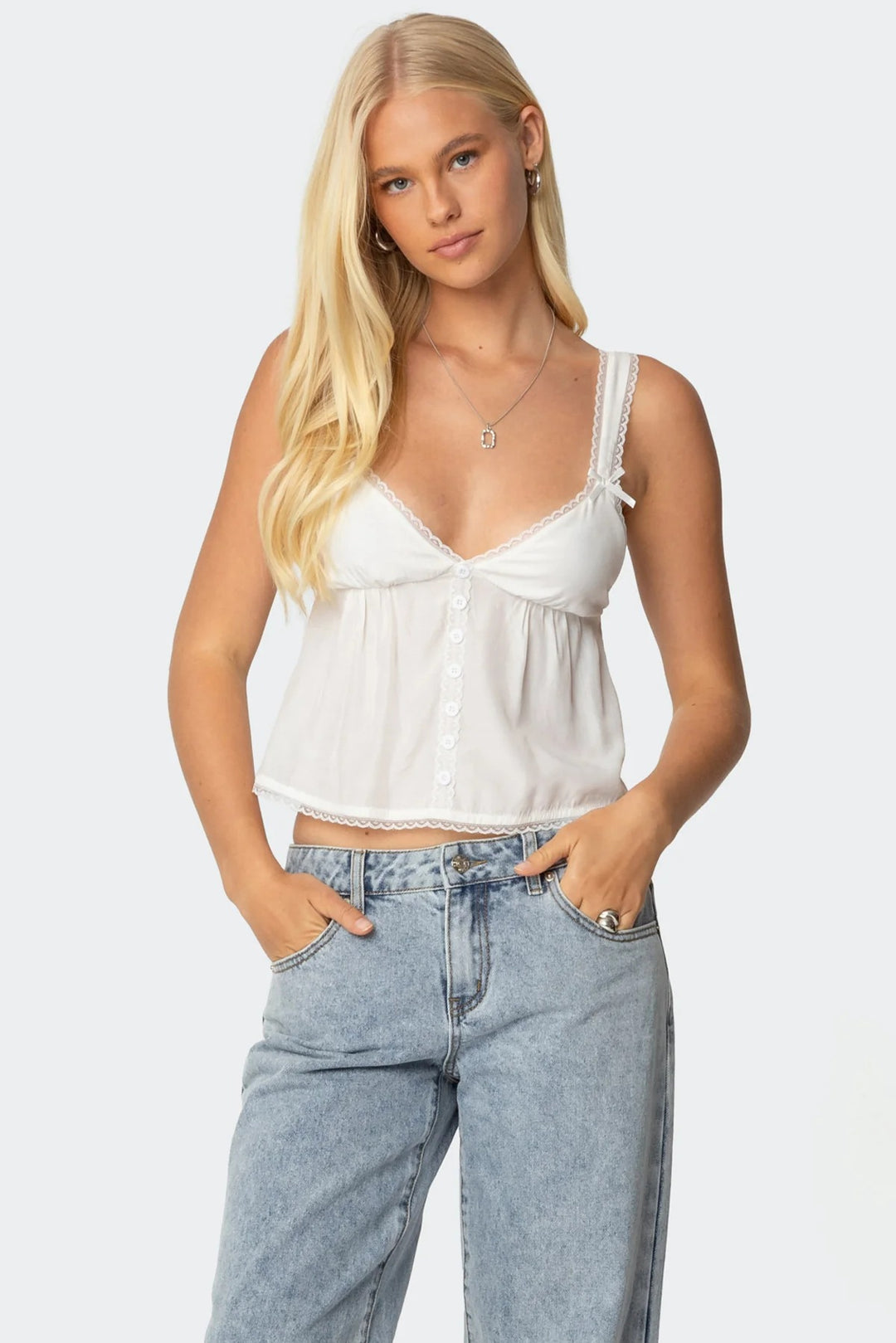 Damen Crop-Top aus feiner Baumwolle mit dekorativen Knopfdetails R&B