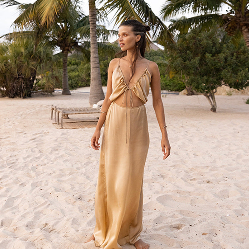 Damen Elegantes Maxikleid mit tiefem V-Ausschnitt R&B