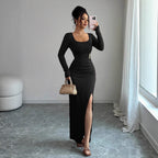 Damen nan körpernahes Maxikleid mit Quadratausschnitt, taillierter Raffung und hohem Seitenschlitz R&B