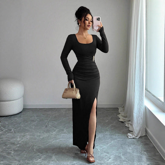 Damen nan körpernahes Maxikleid mit Quadratausschnitt, taillierter Raffung und hohem Seitenschlitz R&B