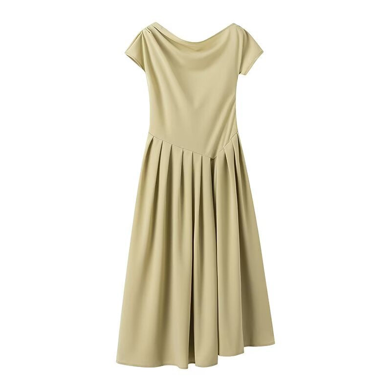 Damen Midi-Kleid mit elegantem Faltenrock und offenkantigem Ausschnitt R&B